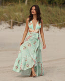 Front view of the RIVA BLUE 02 long pareo with adjustable wrap design