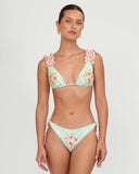 Front view of the RIVA BLUE bikini top with hand-embroidered details