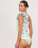 Studio back view of the GIARDINO floral one-piece swimsuit