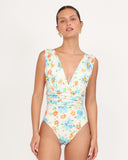 Handwoven floral detail on the GIARDINO 04 one-piece swimsuit