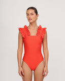 GIARDINO ORANGE ribbed one-piece swimsuit with ruffles – front view