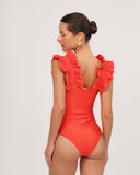 GIARDINO ORANGE ribbed swimsuit with ruffled straps – back view