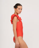 Detail of ribbed ruffle straps on GIARDINO ORANGE swimsuit