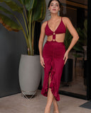 AMARA wine red lycra skirt with adjustable draped front and elegant silhouette
