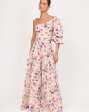 High-waisted floral wide leg pants front view elegant resort style