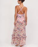 Back view of floral chiffon wrap skirt cover up with flowing silhouette