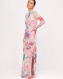 Side view of sheer floral mesh dress with elegant silhouette