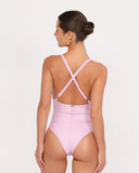 Back view of BREZZA DI SETA swimsuit showing crossed straps and adjustable fit