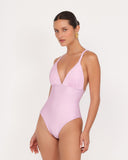 Front view of BREZZA DI SETA one piece swimsuit in blush pink with V neckline