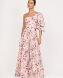 One shoulder floral top with voluminous sleeve and structured fit front view