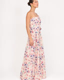 Side view of floral one shoulder top with statement sleeve