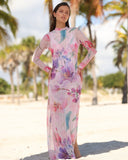 Sheer floral mesh dress long sleeve high neck front view elegant resort look