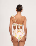 Back view of DOLCE ESTATE bikini top with adjustable tie closure and one-shoulder fit