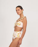 Side view of DOLCE ESTATE bikini top highlighting the asymmetrical silhouette