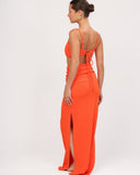 Back view of Dolce Estate orange textured bikini top with adjustable straps and back tie