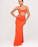 Dolce Estate orange textured long skirt with front slit, front view