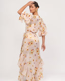 Back view of DOLCE STATE kimono featuring a flowing silhouette and ruffled sleeves