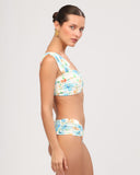 Side view of GIARDINO floral bikini bottom with ruching detail