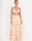 Studio front view of Gioia di Sole resort pants in ivory floral print with high-waisted design.