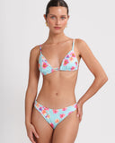 Front view of ISOLA BLUE triangle bikini top with floral print and adjustable straps