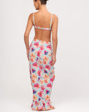 Back view of ISOLA BLUE floral maxi skirt with flowy structure and print detail