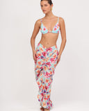 Front view of ISOLA BLUE floral ruched maxi skirt with lightweight flowing fabric
